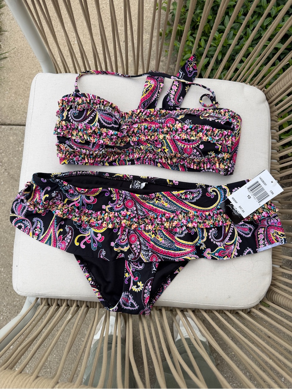 ABS Allen Schwartz Black Paisley Bandeau Bikini with Pink and Yellow Accents
